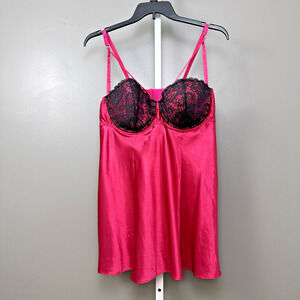 Vintage Cacique Chemise 22/24 Pink Satin Black Lace Underwire Plus Size Nighty